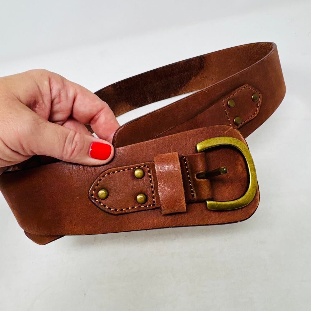 Linea Pinelle Wide Leather Brass Buckle Belt Brown Rivet Detail Size Large